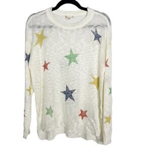 New Hem & Thread Large L Cream Multicolored Star Print Lightweight Sweater Crew